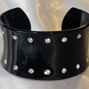 Vintage Wide Black Plastic Cuff Bangle Bracelet with Clear Rhinestones