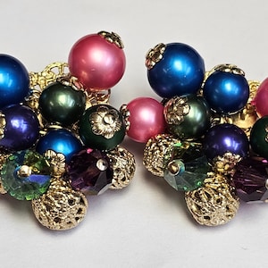 Vintage Colorful Beaded Cha Cha Cluster Pat Pending Filigree Clip Earrings