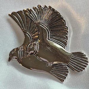 May include: A silver-colored pin in the shape of two birds in flight. The birds are detailed with feathers and beaks, and the pin has a polished finish. The pin is likely made of metal and is a decorative accessory.