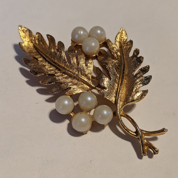 Vintage Dubarry Fifth Ave Faux Pearl Gold Tone Leaf Brooch