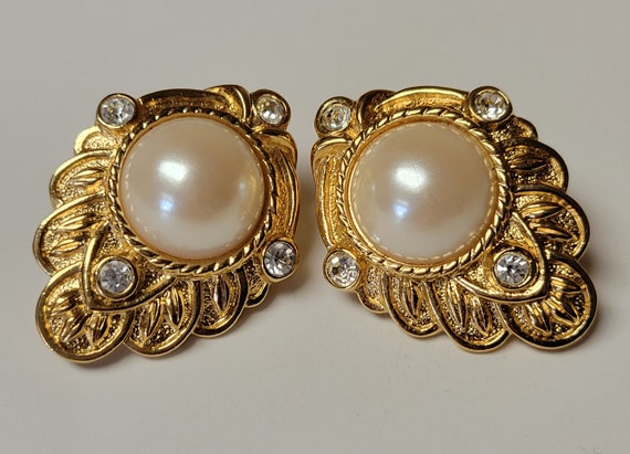 KJL for AVON Faux Pearl and Clear Rinestone Earri… - image 1