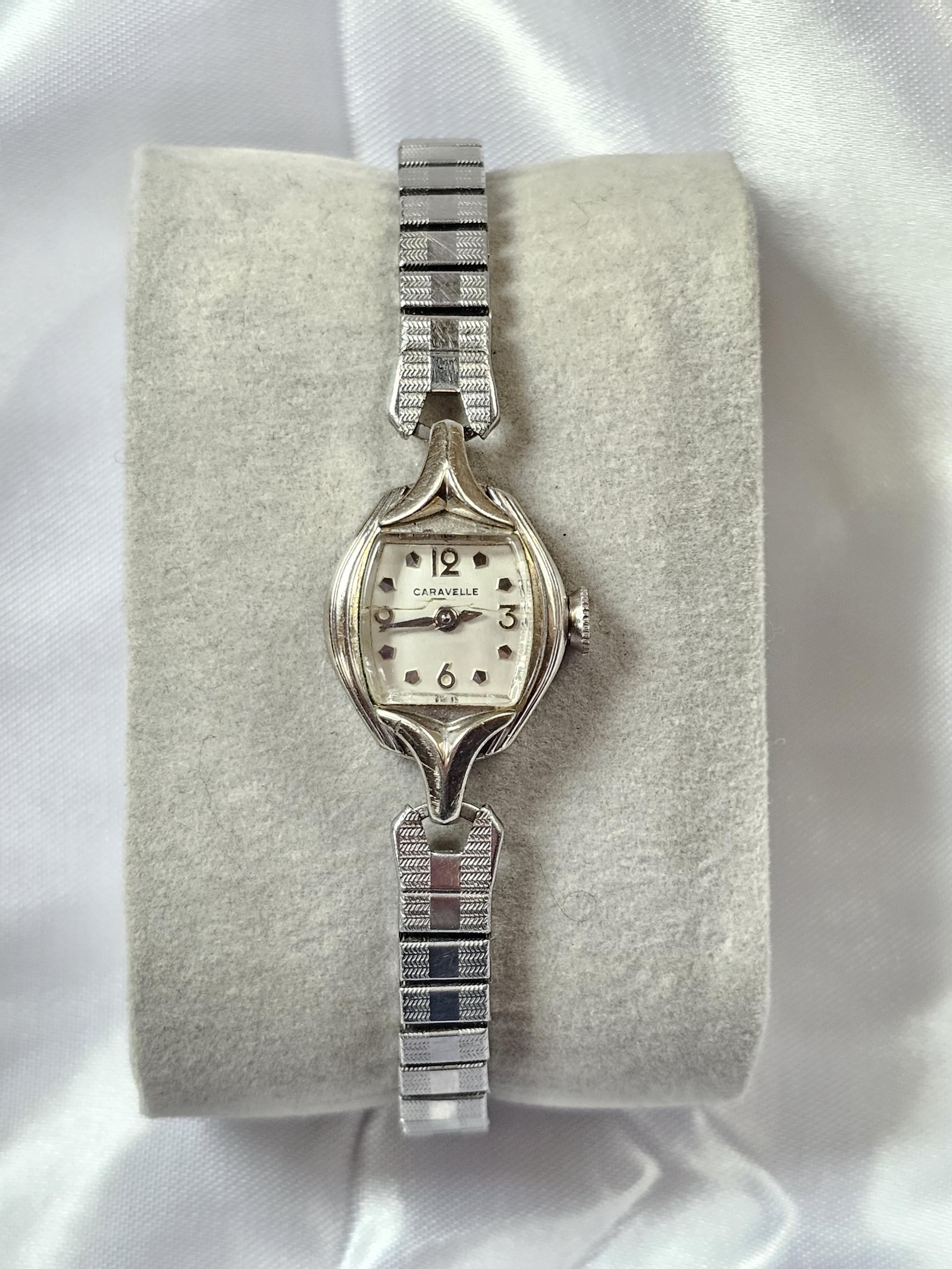 Caravelle Ladies Watch Vintage White Gold Filled Stretch Bracelet Mechanical 1971 Caravelle by Bulova Ladies White Gold Plated Marquise  main image 2
