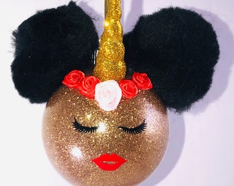 Merry Melanin Unicorn- Champagne Afro Puff Ornament l African American ornament l Black girl magic