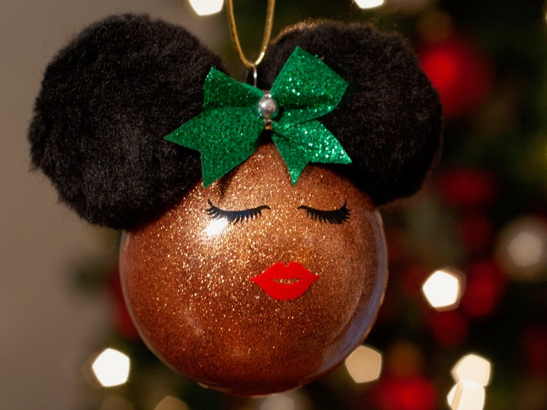 Ms. Merry Melanin-bronze Afro puff Christmas ornament, African American, Black girl Magic, Afro Latina, Biracial ornament image 1