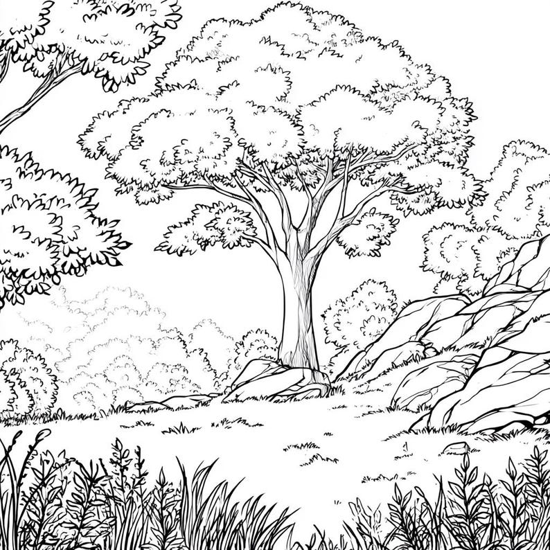 May include: Black and white line drawing of a woodland scene with a large tree in the centre and rocks in the foreground.
