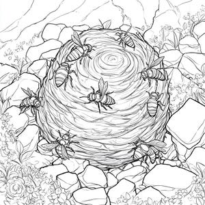 May include: A black and white line drawing of a wasp nest with wasps flying around it. The nest is made of paper and has a circular shape. The wasps are all flying in different directions.