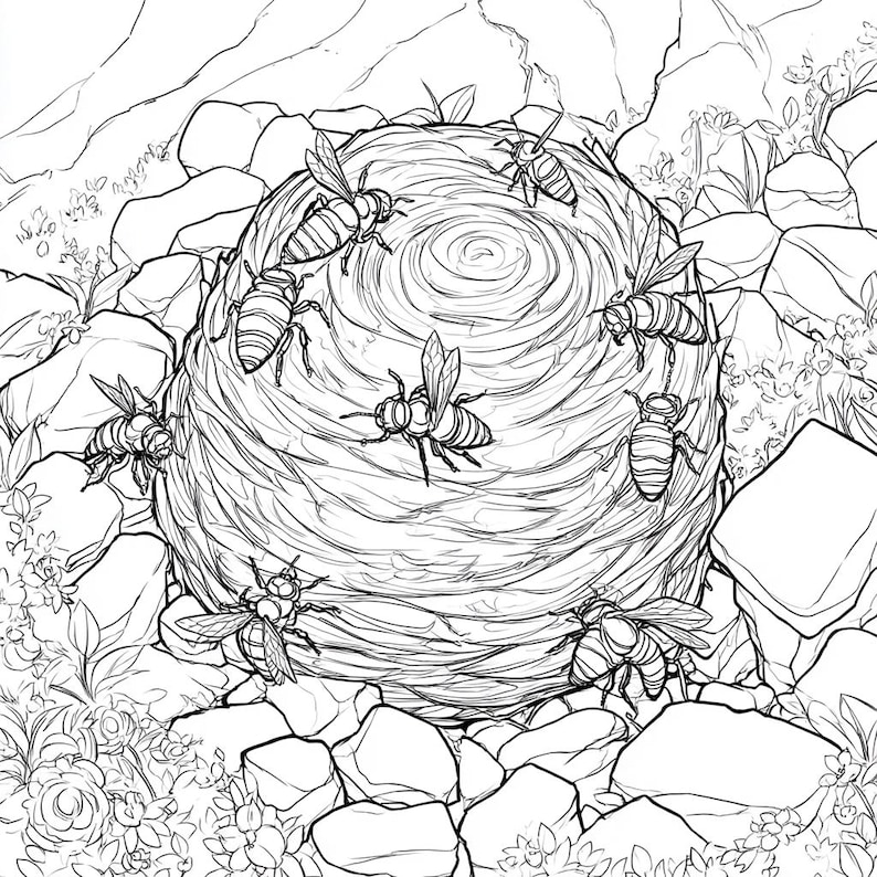 May include: A black and white line drawing of a wasp nest with wasps flying around it. The nest is made of paper and has a circular shape. The wasps are all flying in different directions.