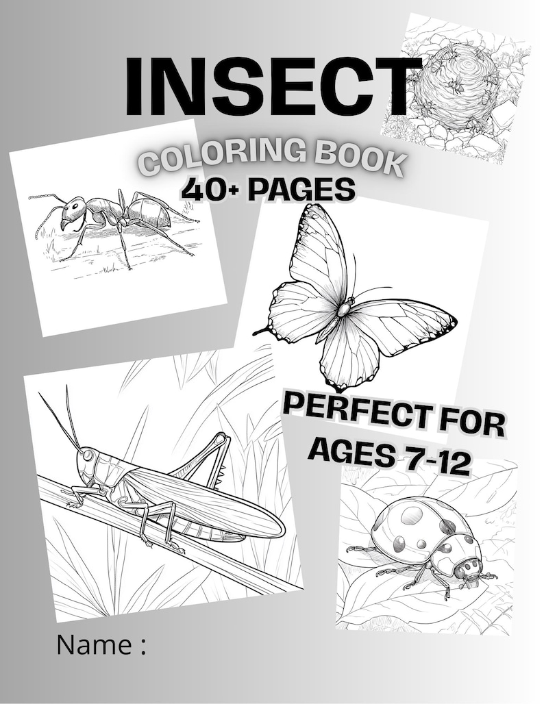 May include: Black and white colouring book with the title "INSECT COLOURING BOOK 40+ PAGES" and the text "PERFECT FOR AGES 7-12". The book features four different insect illustrations: an ant, a butterfly, a grasshopper, and a ladybug.