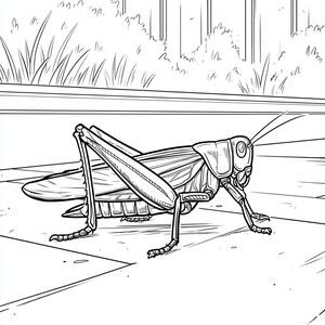 May include: A black and white line drawing of a grasshopper on a concrete surface.