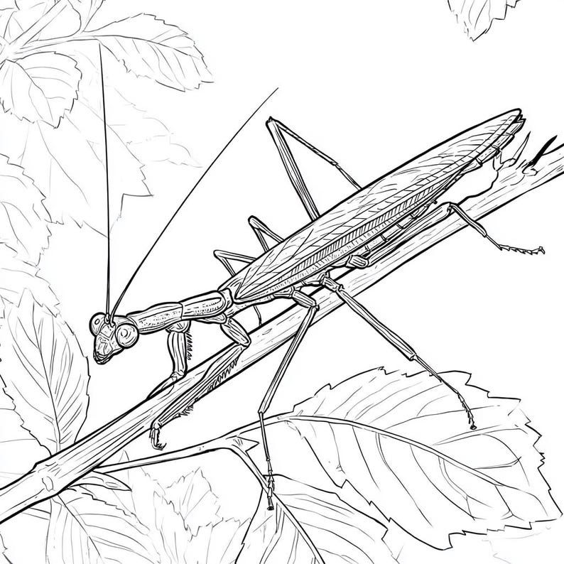 May include: A black and white line drawing of a stick insect perched on a branch with leaves.