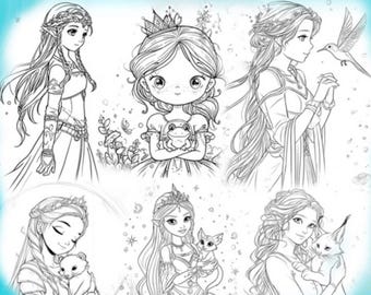 Princesses and Friends Coloring Pages for Kids Ages 6-10 | 100+ Printable Scenes with Animal Companions | Digital Kids Coloring Book PDF
