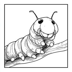 May include: A black and white line drawing of a caterpillar with a large head and a smiling face. The caterpillar is crawling on a branch.