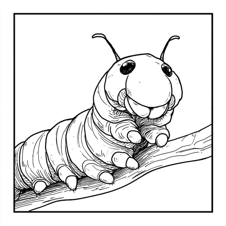 May include: A black and white line drawing of a caterpillar with a large head and a smiling face. The caterpillar is crawling on a branch.
