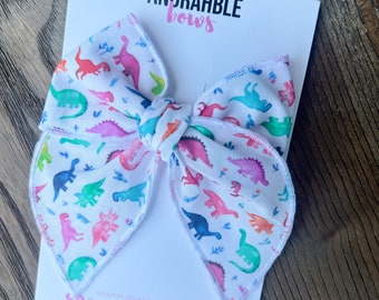 Dinosaur Fairytale Bow | Hand-Tied Fabric Hair Bow | Nylon Headband