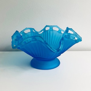 Vintage Westmoreland Blue frosted glass candy dish, display bowl, compote, collectible glass