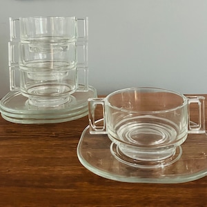 1960s Joe Colombo double handed glass bowls and saucers made in Italy mid century MCM Italian design, set of 4 coffee cups ice cream bowls