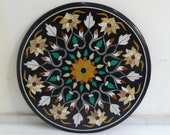Rare Black Marble Dining Coffee Table Top Handmade Marquetry Inlaid Decor size 24 inch diameter