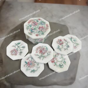 Handmade Marble Coaster Set: Floral Mother of Pearl Inlay Art