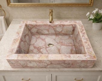 Lavandino in quarzo rosa fatto a mano: lavabo da appoggio per bagno e cucina