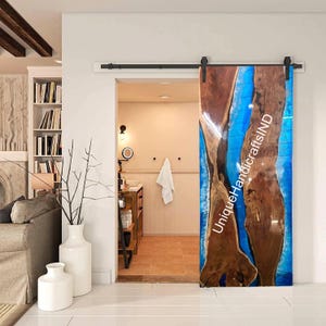 Wall-Mounted Sliding Barn Door, Handmade Ocean Blue Epoxy Resin Door, Barn Door ,Epoxy Barn Door ,Live Edge Resin Door, Custom Hanging Door