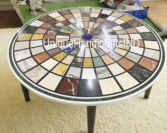 Round Marble Center Mosaic Table Top Semi Precious Stones Handicraft Pietra Dura Work