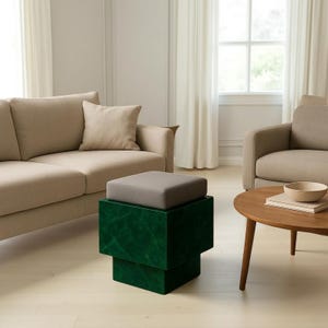 Natural Green Stone Marble Stool – Natural Handmade Accent Cube with Cushion | Luxury Minimalist Décor