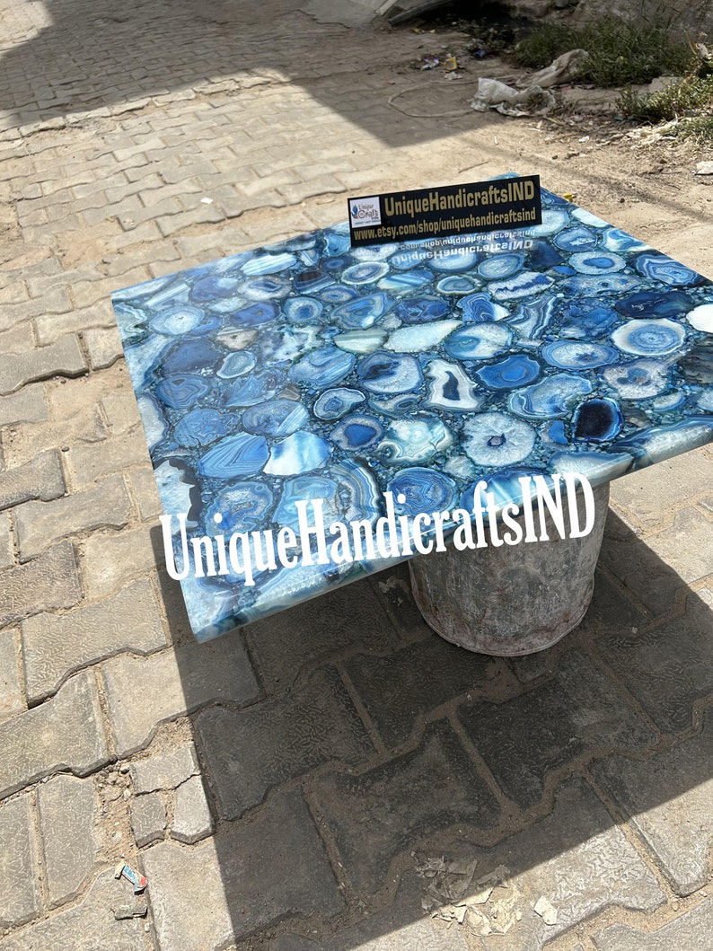 Buy Luxury Blue Agate Coffee Table In Square Shape You Can Use As a Garden Table, Office Table, Centre Table, Patio Table Mid Century Arts