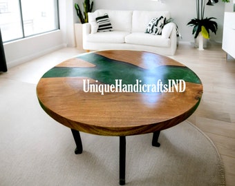 Mesa de centro redonda de resina verde - Mesa de madera epoxi hecha a mano