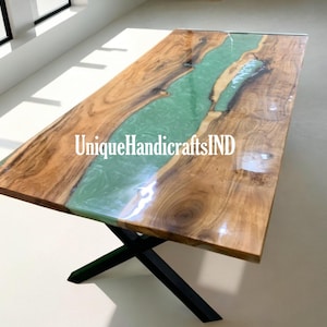 Handmade Epoxy River Table: Natural Wood with Green Resin