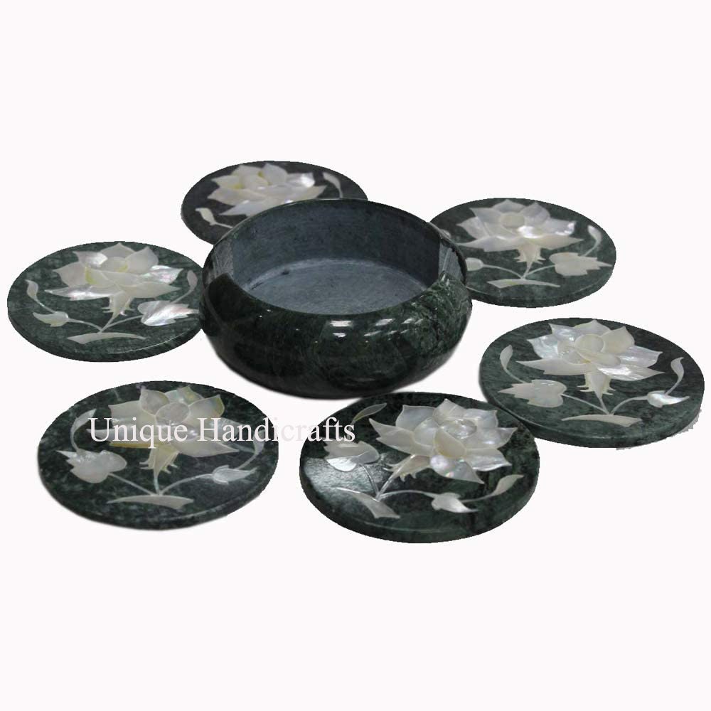Handmade Green Marble Coasters With Holder Delicate Inlay Etsy