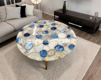 Elegant Stone Coffee Table In Quartz & Blue Agate Stone Customized Handmade Furniture