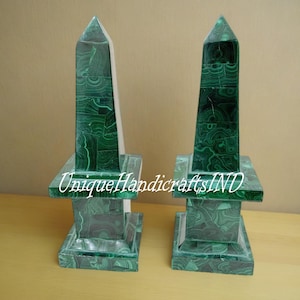 Marble Malachite Obelisk | Set Of 2 Pair | Handmade Marble Obelisk | Handmade Overlay Design Art | Showpiece Living Room Decor