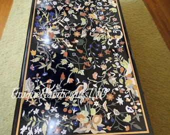 Handmade Black Marble Table Top: Inlaid Floral Bird Design