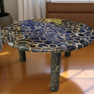 Elegant Black Agate Coffee Table Round with Stand | Mid Century Modern Handmade Stone Table | Luxury Gemstone Furniture for Home Decor