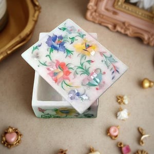 Floral Marble Jewelry Box: Rose Quartz Inlay, Handmade Pietra Dura Art
