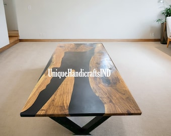 Epoxyhars tafel met zwarte hars, houten handgemaakte meubels / epoxy keukentafel, aangepaste epoxy eetkamertafel