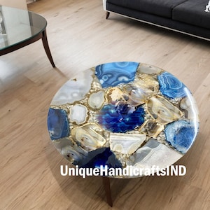 Round Coffee Table / Blue & Brown Semi Precious Agate Gemstone Art Bedroom Decor Interior With Iron Leg