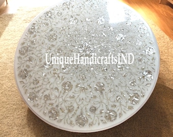 Tablero de mesa de centro de mármol hecho a mano: incrustaciones florales de nácar