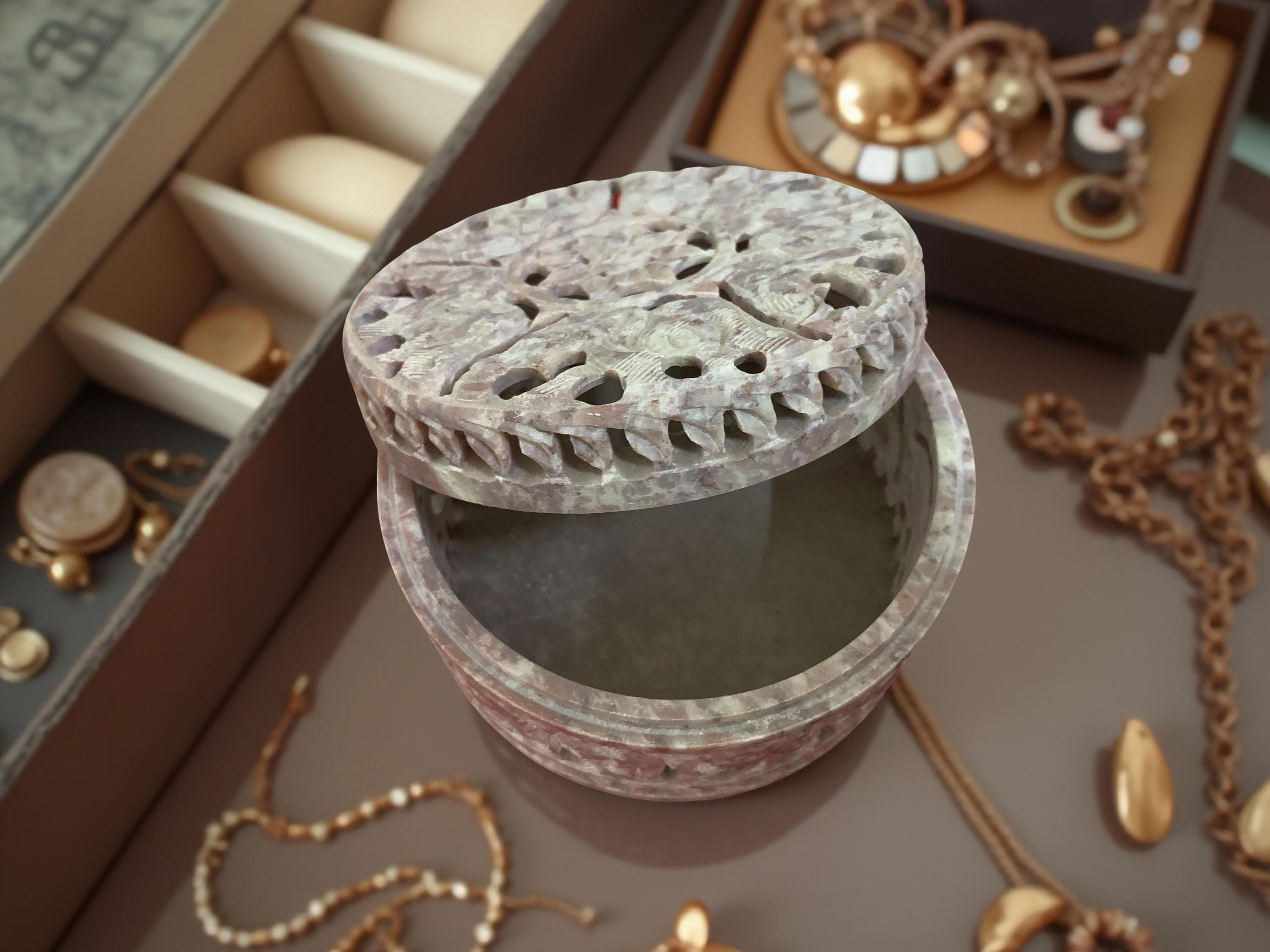 Handmade Soapstone Marble Jewelry Box: Round Filigree Art