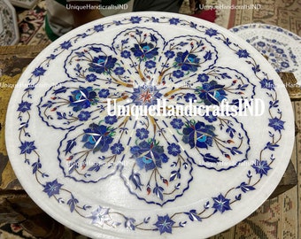 Tampo de mesa lateral de mármore branco feito à mão: arte com incrustações florais de lápis-lazúli