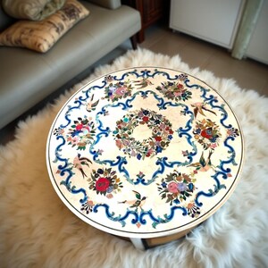 White Marble Coffee Table – Pietra Dura Floral Inlay – Semi-Precious Stone Art Furniture