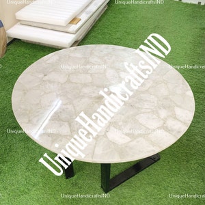 Handmade White Quartz Agate Table Top: Round Stone Slab