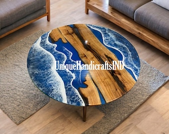 Blue Epoxy River-tafelblad: ronde houten bartafel