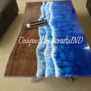 Luxury Ocean Epoxy Coffee Table – Handmade Resin River Table, Blue Ocean Wave Design, Custom Wood and Epoxy Furniture