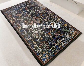 Black Marble Table Top: Inlay Stone Birds Floral Art