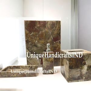 Stein Badezimmer Zubehör Set, 4-teiliges versteinertes Holz Stein Badezimmer Set, Waschtisch Set, Badezimmer Dekor, handgefertigtes Set für Küche & Bad