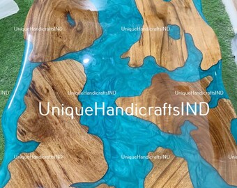 Handmade Live Edge Epoxy Table: Blue Resin Ocean Waves