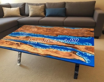 Handcrafted Blue Ocean Epoxy Dining Table – Unique Resin Wood Table for Modern Home Decor
