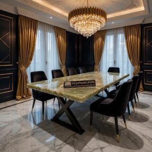 Peut inclure: Une salle à manger luxueuse avec une grande table en marbre vert clair sur une base en métal noir, entourée de chaises en velours noir. Un lustre en cristal est suspendu au-dessus, avec des rideaux dorés et des murs bleu foncé.