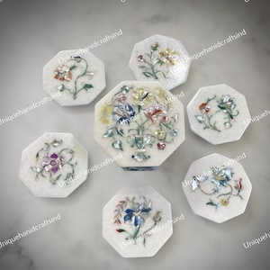 Luxury Marble Coaster Set – Handmade Floral Inlay, Mother of Pearl Drink Coasters & Holder
